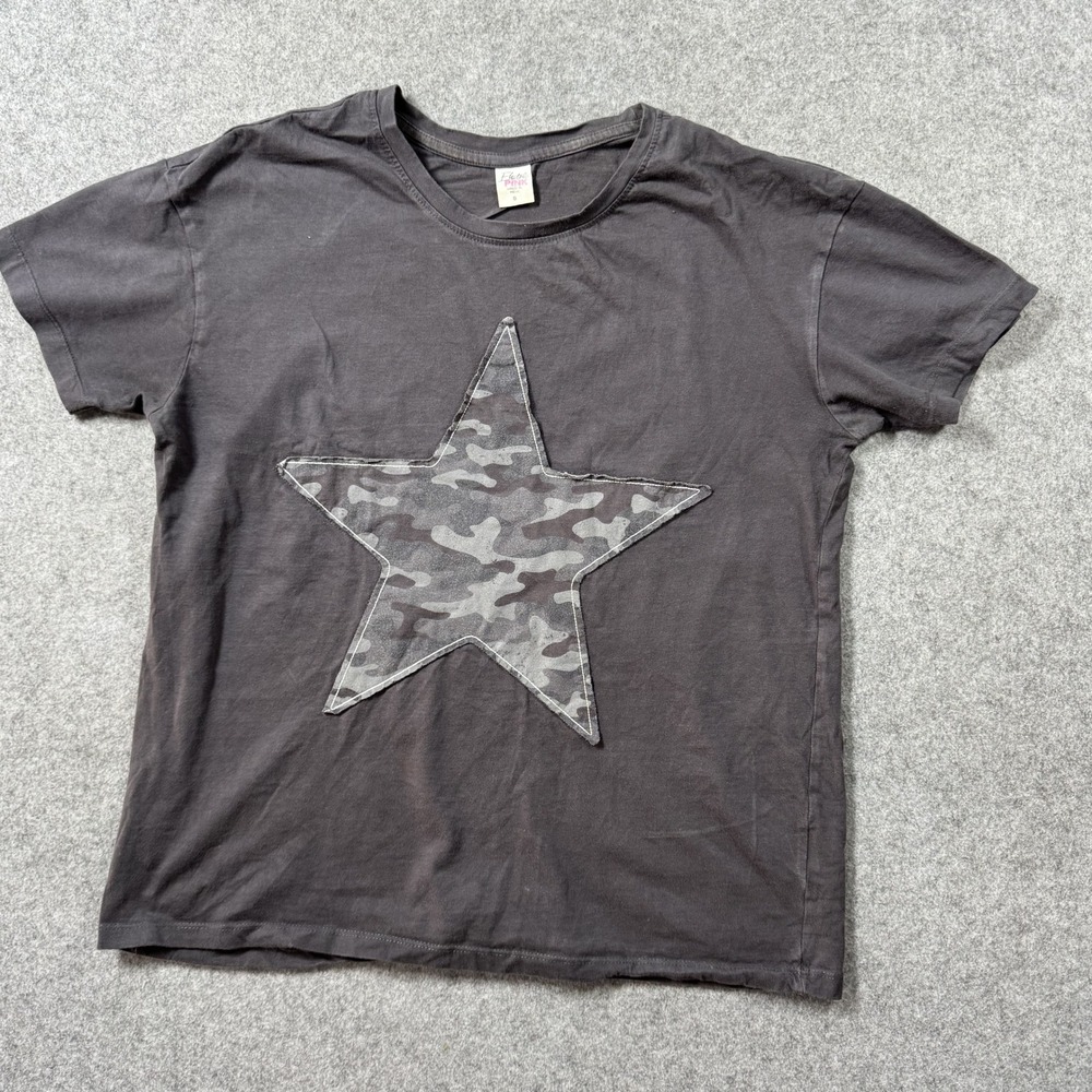 Electric Pink Womens Camo Star Patch T-Shirt Small Gray Cotton Short Sleeve